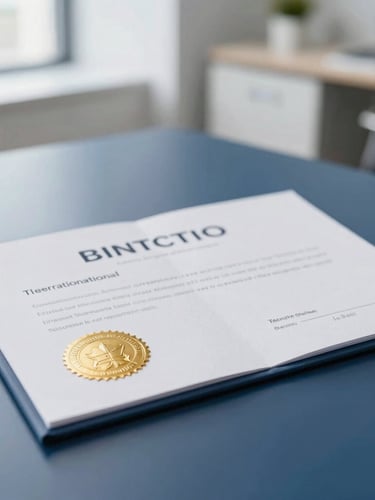 Close-up of a high-quality international professional certificate resting on a clean dark blue desk, soft daylight highlighting the embossed gold seal, modern office background, editorial corporate photography style.