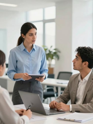 Editorial corporate photography of a modern professional training center in Riyadh, bright natural daylight, a professional advisor discussing course details with an ambitious learner, soft blue and neutral tones, shallow depth of field