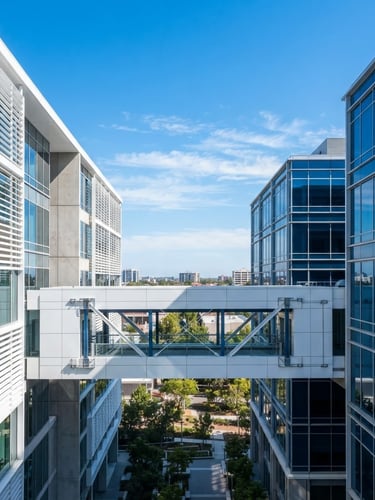 Sharp, daylight-lit shot of a modern outdoor wireless bridge connecting two buildings, clear blue sky, architectural framing, crisp white and deep blue tones, no people.