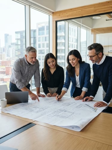 Engineering team collaborating over architectural blueprints, bright natural daylight, crisp white and deep blue tones, sharp focus, architectural framing, wide shot, off-center subject