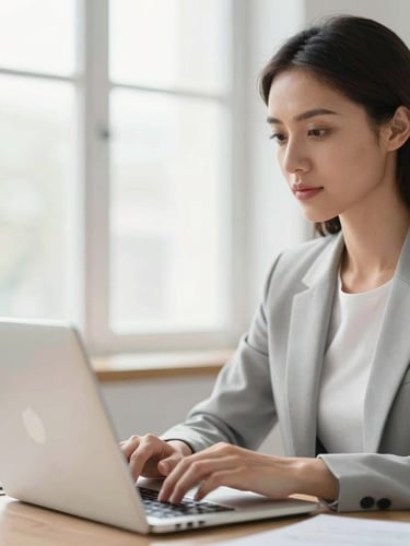 Close-up of a professional woman looking confidently at her laptop screen in a bright, organized workspace, soft daylight