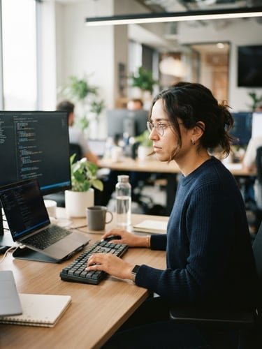 Professional portrait of a focused software engineer in a bright, modern office, natural daylight, soft shadows, 35mm lens