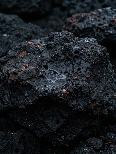 Moody close-up of dark, wet volcanic rock textures with sharp highlights and deep shadows, low-key dramatic lighting, 35mm anamorphic lens shot