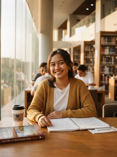 A young Indonesian student smiling warmly in a sunlit modern university library, warm golden hour light, editorial 35mm photography