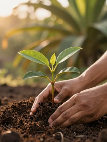 Close-up of hands planting a young tree sapling in rich volcanic soil, soft golden hour sunlight filtering through lush tropical leaves, warm earth tones