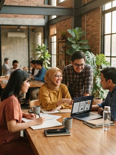 A modern collaborative workspace with Indonesian professionals in warm natural golden hour light, architectural elements, editorial composition