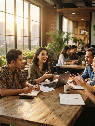 Warm editorial photography of a collaborative modern workspace in Jakarta, soft golden-hour sunlight streaming through high windows, professional Indonesian team discussing around a wooden table, 35mm
