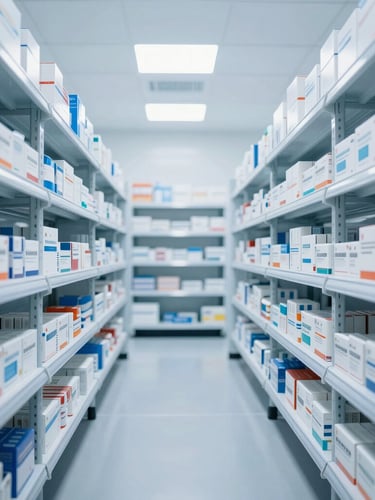 A bright, sterile pharmaceutical warehouse interior with organized high shelves of medicine boxes, cool blue clinical lighting, sharp focus, 35mm lens.