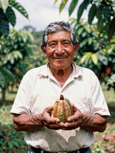 A warm portrait of an elderly Ecuadorian farmer smiling in a sun-drenched cacao plantation in Arenillas, holding a fresh pod, bright equatorial sunlight, 35mm film style.