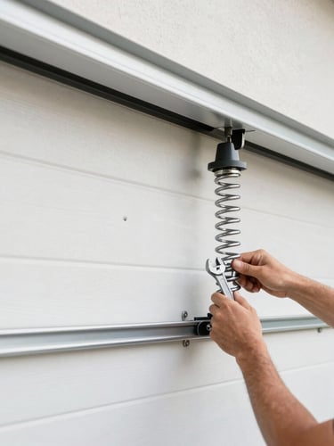 Close-up of clean heavy-duty garage door springs and steel tracks, bright natural lighting, professional technician hands adjusting with a wrench