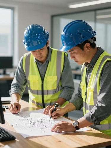 Medium shot of two engineers wearing hard hats and safety vests reviewing technical blueprints on a wooden table inside a bright Pasadena office, 35mm sharp focus