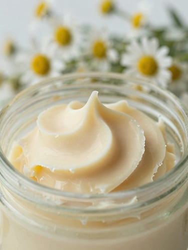 Close-up of whipped golden tallow texture in a clean glass jar, nestled in fresh chamomile flowers, soft diffused morning light, 35mm