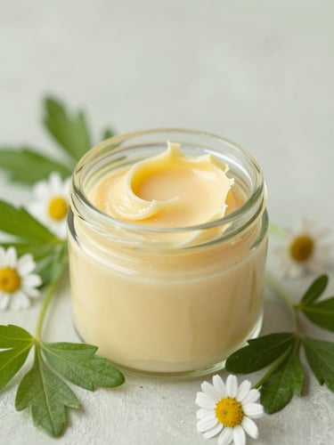 A close-up portrait of whipped golden tallow in a clear glass jar, nestled among fresh green calendula leaves and chamomile flowers, soft morning light, shallow depth of field.