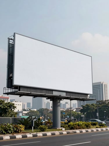 Wide environmental shot of a completed large-format outdoor billboard installation on a Jakarta urban arterial road — the billboard structure fills the left frame, even overcast daylight, no people visible, signage surface texture and mounting hardware in sharp focus, low horizon with city skyline softly out of focus in the background