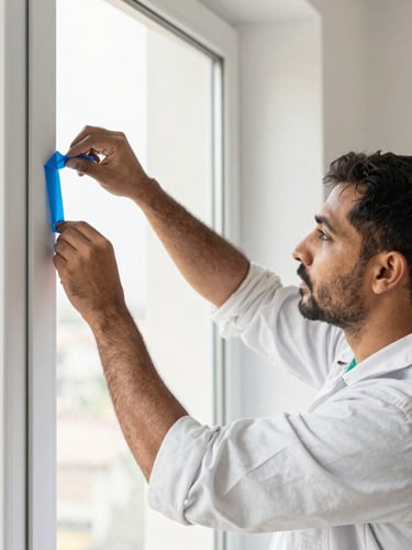 Professional painter in a clean uniform meticulously masking a window frame with blue tape, bright natural daylight, focus on hands and precise detail, dust-free environment, Ahmedabad.
