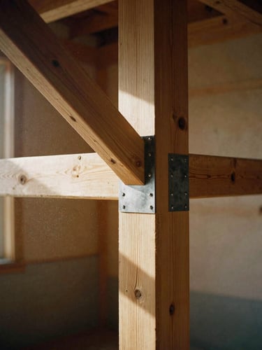 Exposed massive timber framing joined with traditional mortise and tenon joints, raw steel reinforcement plates, dramatic side-lighting showing wood texture and dust motes, warm editorial photography, 35mm film grain.