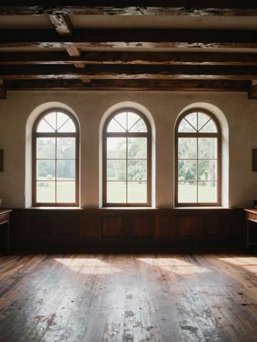 Symmetrical wide-angle shot of a restored historical living room, natural side-light streaming through tall arched windows, highlighting rich timber beams and plaster textures.