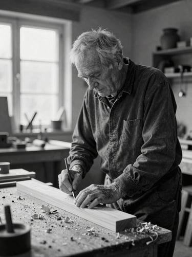 Black and white portrait of an elderly master woodworker in a sunlit timber workshop, wood shavings on the workbench, shallow depth of field, 35mm film grain