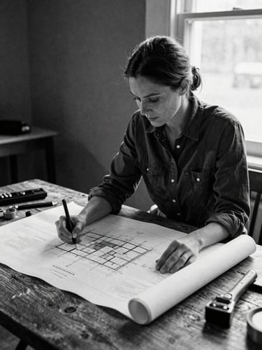 Black and white portrait of a female structural engineer reviewing structural blueprints on a rustic wooden table, soft window lighting, architectural tools nearby, 35mm film grain