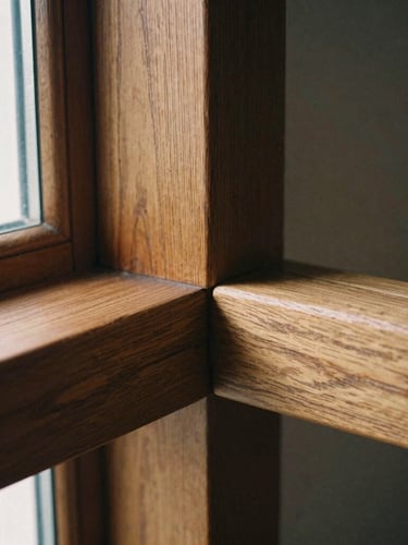 Tight macro shot of hand-chiseled timber joinery with traditional mortise and tenon joints, natural side window lighting highlighting wood grain and textures, warm editorial 35mm film style
