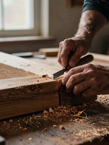 Tight macro shot of a master carpenter's hands carving a traditional mortise joint in a massive reclaimed oak timber, sharp chisels and wood shavings on a rustic workbench, low-key natural window lighting, 35mm film grain.