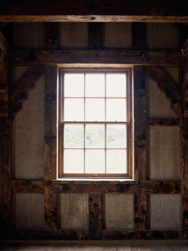 Symmetrical architectural shot of a historic timber frame exposed during restoration, natural window side-light, rich dark tones, 35mm film grain