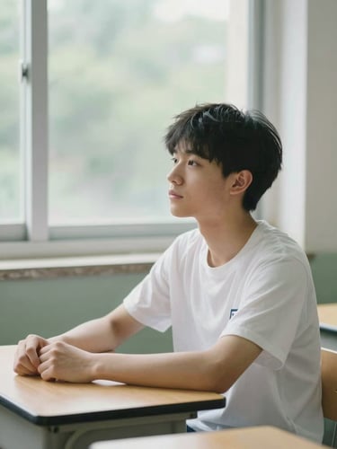 A high school student sitting at a clean wooden desk by a window, looking relaxed and focused, soft natural light, muted sage tones, shallow depth of field, 35mm