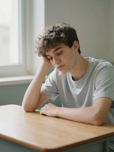 A teenager looking relieved while sitting at a clean wooden desk, soft natural window light, muted sage and slate tones, 35mm photography