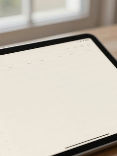 Close-up of a clean digital planner interface on a tablet, soft natural window light, muted sage and warm cream tones, shallow depth of field
