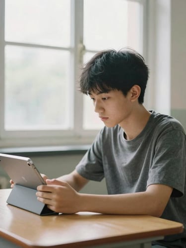 A teenage student sitting at a clean wooden desk, looking calmly at a tablet screen, soft natural window light, 35mm photography