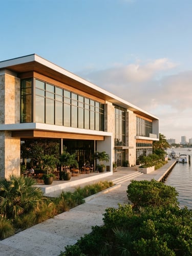 Wide environmental architectural shot of a clean commercial facade in Florida, soft golden hour sunlight, warm gold undertones, 35mm