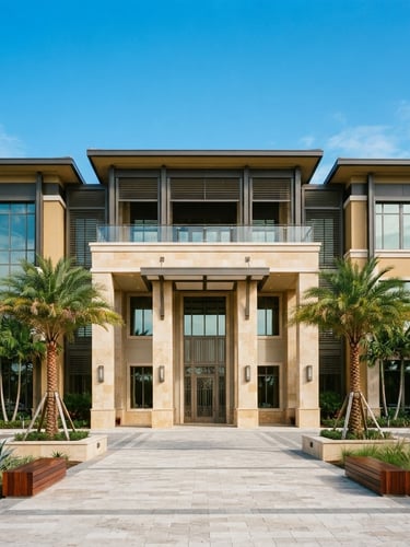 Symmetrical architectural photograph of a modern Florida professional building, bright natural daylight, clean structural lines, warm gold undertones, 35mm.
