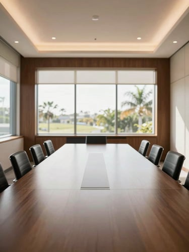 Symmetrical perspective of a quiet, sunlit professional meeting room with dark wood accents and clean lines, soft Florida light through large windows.