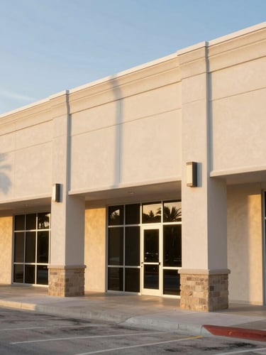 Wide environmental architectural shot of a well-maintained commercial facade in Florida, soft golden hour light, clean lines, 35mm.