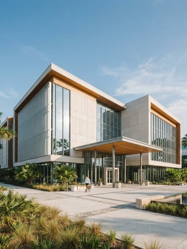 Wide-angle architectural photograph of a modern Florida commercial building, clean structural lines, bright natural daylight, warm gold undertones, 35mm.