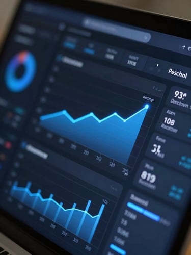 Tight macro shot of a dark-mode analytics dashboard showing conversion charts and growth metrics, electric blue glow, high contrast UI