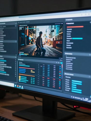 Cinematic close-up of a high-end computer monitor displaying complex ad campaign metrics, neon blue glowing interface, dark studio setting.