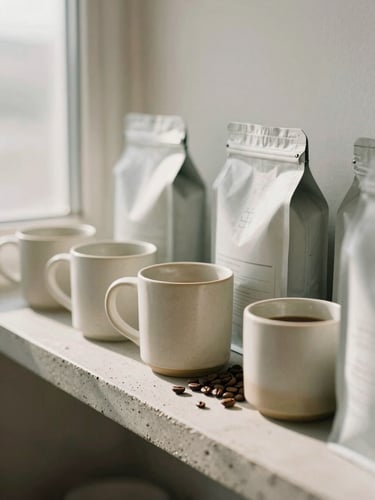 Minimalist ceramic coffee mugs and bags of coffee beans arranged on a concrete shelf, soft shadows, warm neutral tones