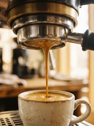 Close-up of espresso extraction from a bottomless portafilter, rich golden crema, warm morning window light, shallow depth of field, 35mm film