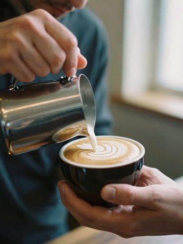 Intimate close-up of a barista's hands carefully pouring steamed milk into a dark ceramic cup creating perfect latte art, warm morning light, rich espresso tones, 35mm film.