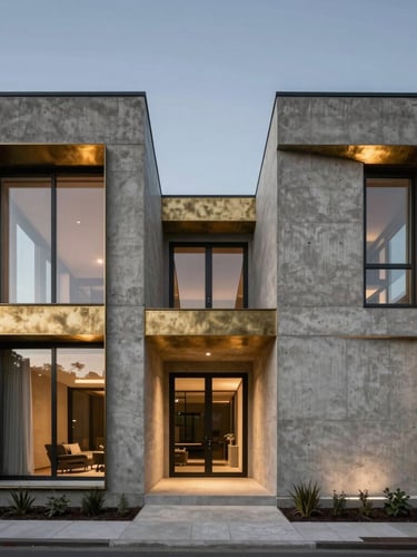 Symmetrical wide-angle architectural shot of a modern luxury concrete and steel residence, raw industrial textures with warm brass framing accents, dramatic twilight lighting, 35mm focus