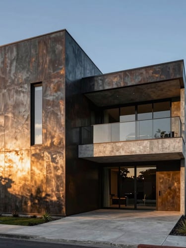 Symmetrical wide-angle architectural shot of a modern luxury concrete and steel villa, dramatic sunset lighting reflecting on raw metal facades.