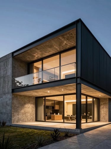 Dramatic high-contrast architectural photography of a premium luxury concrete and steel house at dusk, sharp focus, 35mm