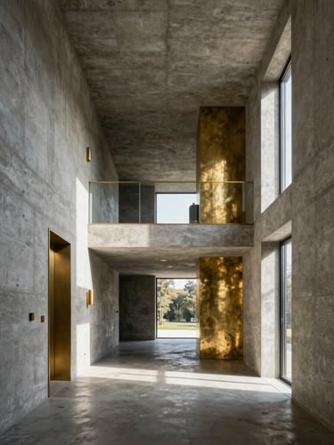 Symmetrical wide-angle photograph of a brutalist luxury villa interior, raw concrete walls meeting warm brass fixtures, dramatic shafts of sunlight, 35mm architectural photography.