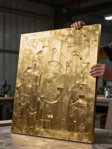 A craftsman in a clean industrial workshop carefully inspecting a finished brass-inlaid timber panel, dramatic low-key lighting, raw steel background.