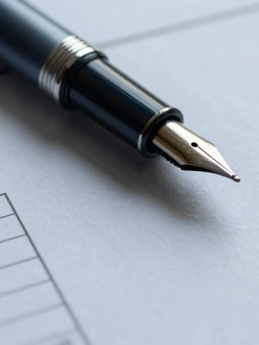 Macro close-up of a fountain pen resting on structured financial planning documents, soft overcast daylight, cool slate grey tones.