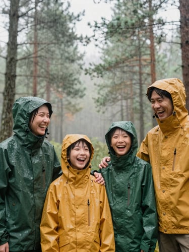 Bright outdoor editorial photography of a family laughing under light rain in a misty pine forest, wearing green and amber rain jackets, soft overcast daylight, natural forest and amber tones, crisp details, 35mm lens.