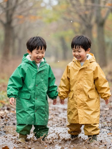 Candid medium portrait of two young children in bright green and amber raincoats splashing in a muddy forest puddle, laughing, soft overcast daylight, water droplets frozen in mid-air
