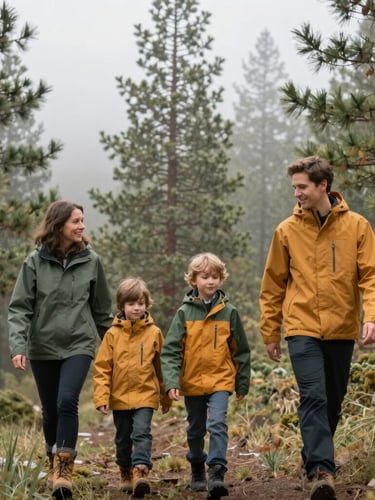 A family hiking through a misty pine forest in Boise, wearing rugged green and amber all-weather jackets, soft overcast daylight, 35mm lens