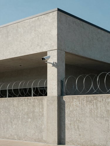 Wide-angle view of a commercial building exterior corner, a security camera mounted high on the wall bracket aimed at the perimeter, metal spike strips installed along the top of a concrete fence below, midday direct sunlight casting hard shadows, no people